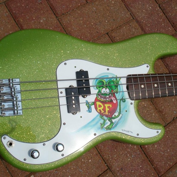 Rat Fink Guitar Bass from Naked Body Guitars painted with Limetreuse metal flake.