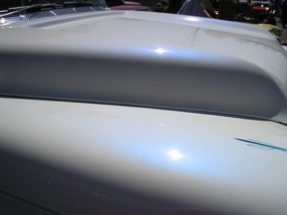 Blue Satin iridescent Phantom Pearls on White Hood