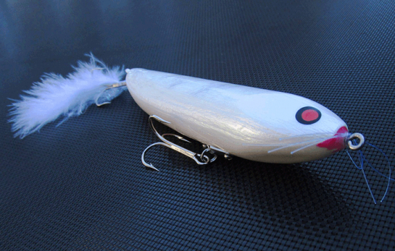 This custom fishing lure has a silver ghost pearl in the sub-coat.