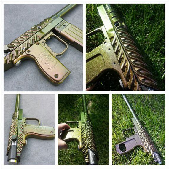 Paintball gun with 4739CS Gold Green Bronze Chameleon Paint powder coated on the surface.