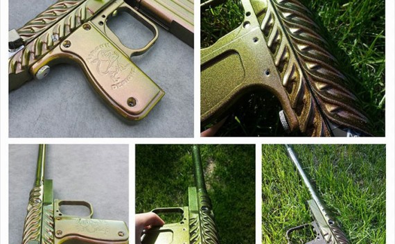 Paintball gun with 4739CS Gold Green Bronze Chameleon Paint powder coated on the surface.