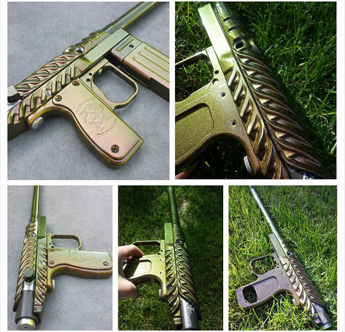 Paintball gun with 4739CS Gold Green Bronze Chameleon Paint powder coated on the surface.