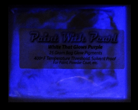 White Glows Purple glow in the dark pigment. Mix into any paint or other coatings.